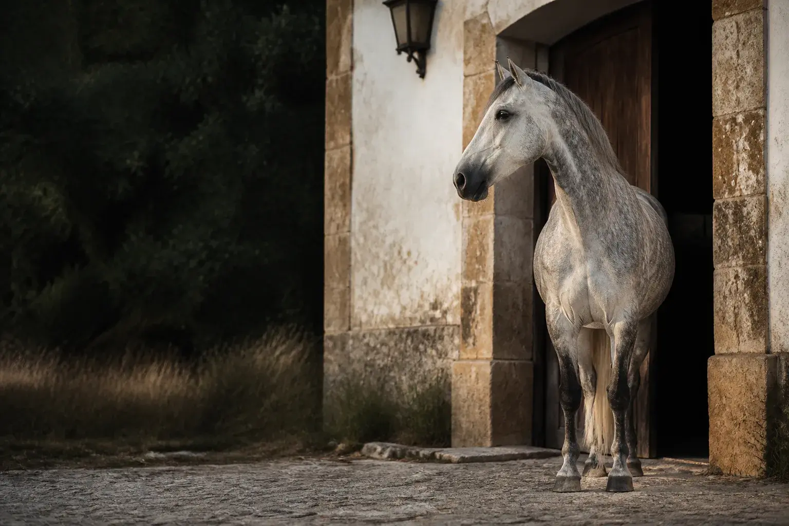 Caballo en un box de una yeguada portuguesa
